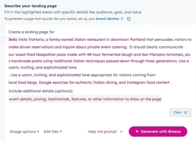 how to build one-page ai generated websites with hubspot, prompting the ai with business description